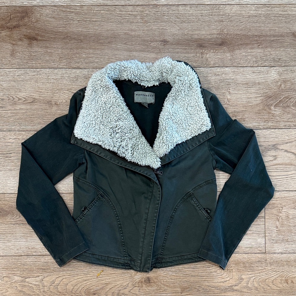 Anthropology Women's Dark green Jacket with Fleece Collar